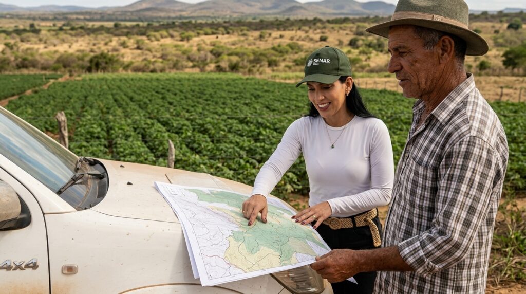 Engenheira ambiental da AX Engenharia orientando um produtor rural sobre a regularização ambiental e mapas topográficos em uma fazenda na Bahia.