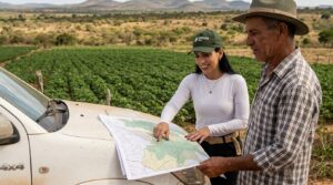 Engenheira ambiental da AX Engenharia orientando um produtor rural sobre a regularização ambiental e mapas topográficos em uma fazenda na Bahia.