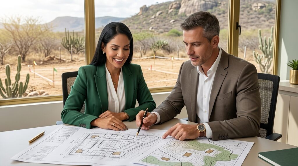 Engenheira ambiental da AX Engenharia e investidor imobiliário analisando mapas topográficos e a viabilidade do licenciamento ambiental para um novo loteamento.