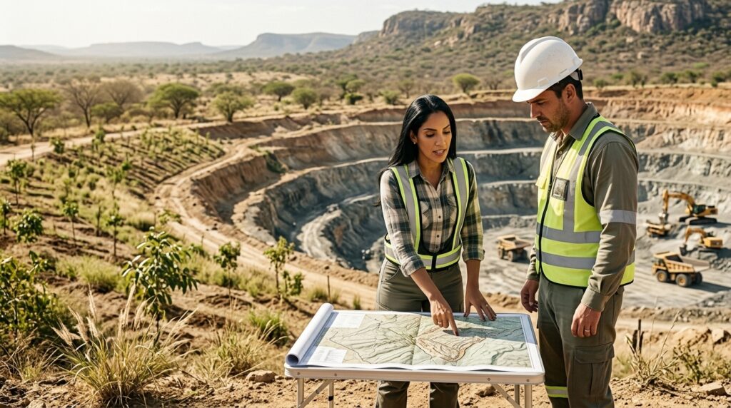 Engenheira ambiental da AX Engenharia e gestor de mineração analisando o Plano de Recuperação de Áreas Degradadas (PRAD) em uma área de operação na Bahia.